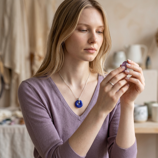 Woman wearing a Purple EMF Protection Button Necklace with stainless steel chain for stylish everyday wearable EMF protection.