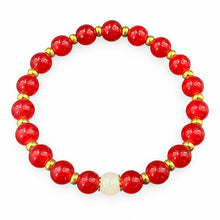 Red Auspicious EMF Protection Beaded Bracelet - glossy red beads with gold spacers and a white center bead on a white background