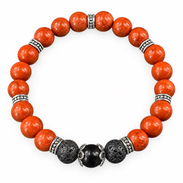 Red Jasper EMF Protection Beaded Bracelet — deep red jasper beads with black lava beads and silver spacers on white background