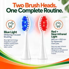 Two brush heads: blue light whitening-focused brushing and red plus near-infrared light for advanced oral care