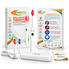 Safe Connect Plus Red Light Therapy Electric Toothbrush box with toothbrush, two brush heads, USB charging cable, travel case and user manual