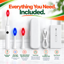 Everything included with the red light therapy toothbrush: handle, blue and red brush heads, travel case, USB-C cable and user manual