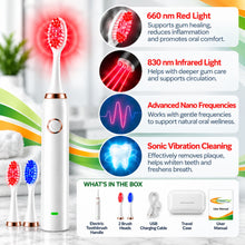 Red light therapy toothbrush with 660 nm red light, 830 nm infrared light, nano frequencies and sonic vibration cleaning, plus what's in the box