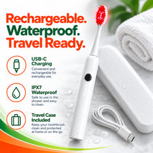 Rechargeable, waterproof, travel-ready red light therapy toothbrush with USB-C charging and travel case