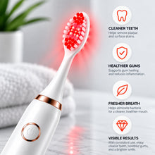 Close-up of the red light therapy toothbrush head glowing red for cleaner teeth, healthier gums and fresher breath