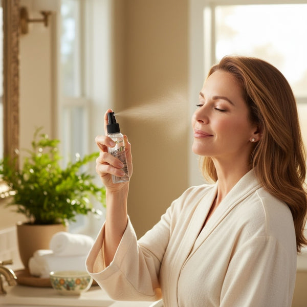 Woman applying Restore Miracle Mist Plus hydrating facial mist for refreshed skin