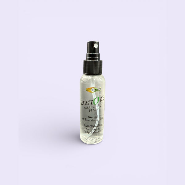 Restore Miracle Mist Plus hydrating facial mist bottle for skin nourishment and refresh