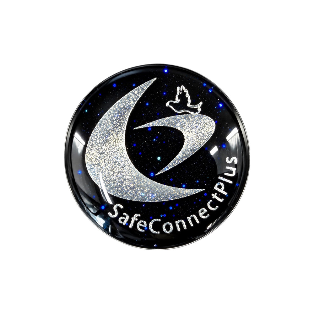 Silver on Black EMF Mini Shield - round black sticker with silver crescent moon, dove and SafeConnectPlus lettering