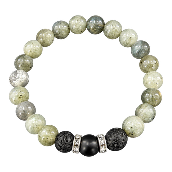 Stoneveil EMF Protection Beaded Bracelet with pale green-grey stone beads, black lava stones and silver crystal spacers on a white background