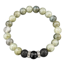 Stoneveil EMF Protection Beaded Bracelet with pale green-grey stone beads, black lava stones and silver crystal spacers on a white background