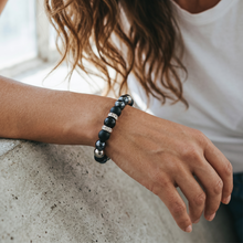 Ultimate EMF Protection Beaded Bracelet with matte black and metallic beads featuring triple resonant technology and 240+ resonant frequencies for everyday EMF protection.