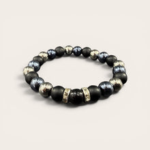 Ultimate EMF Protection Beaded Bracelet featuring matte black and metallic beads with three proprietary technology beads containing 240+ resonant frequencies.