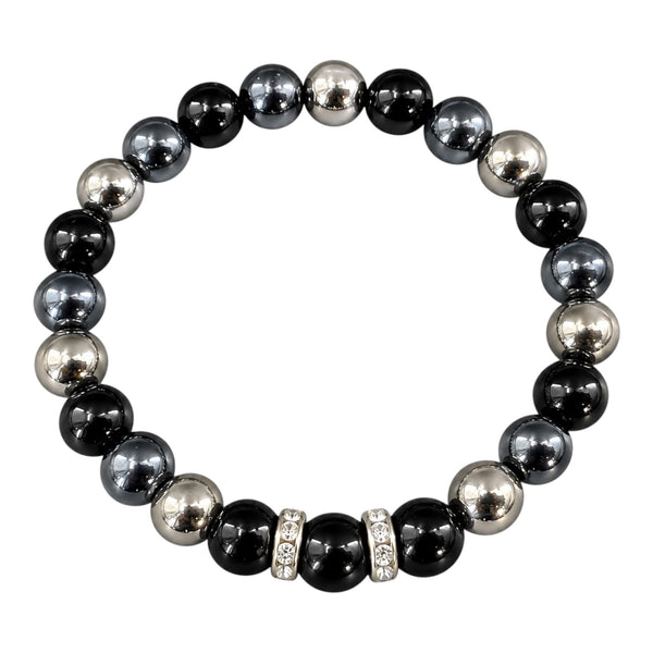Ultimate EMF Protection Bracelet – Triple Resonant Technology Beaded Bracelet with black, silver and metallic grey beads and silver crystal spacers on a white background